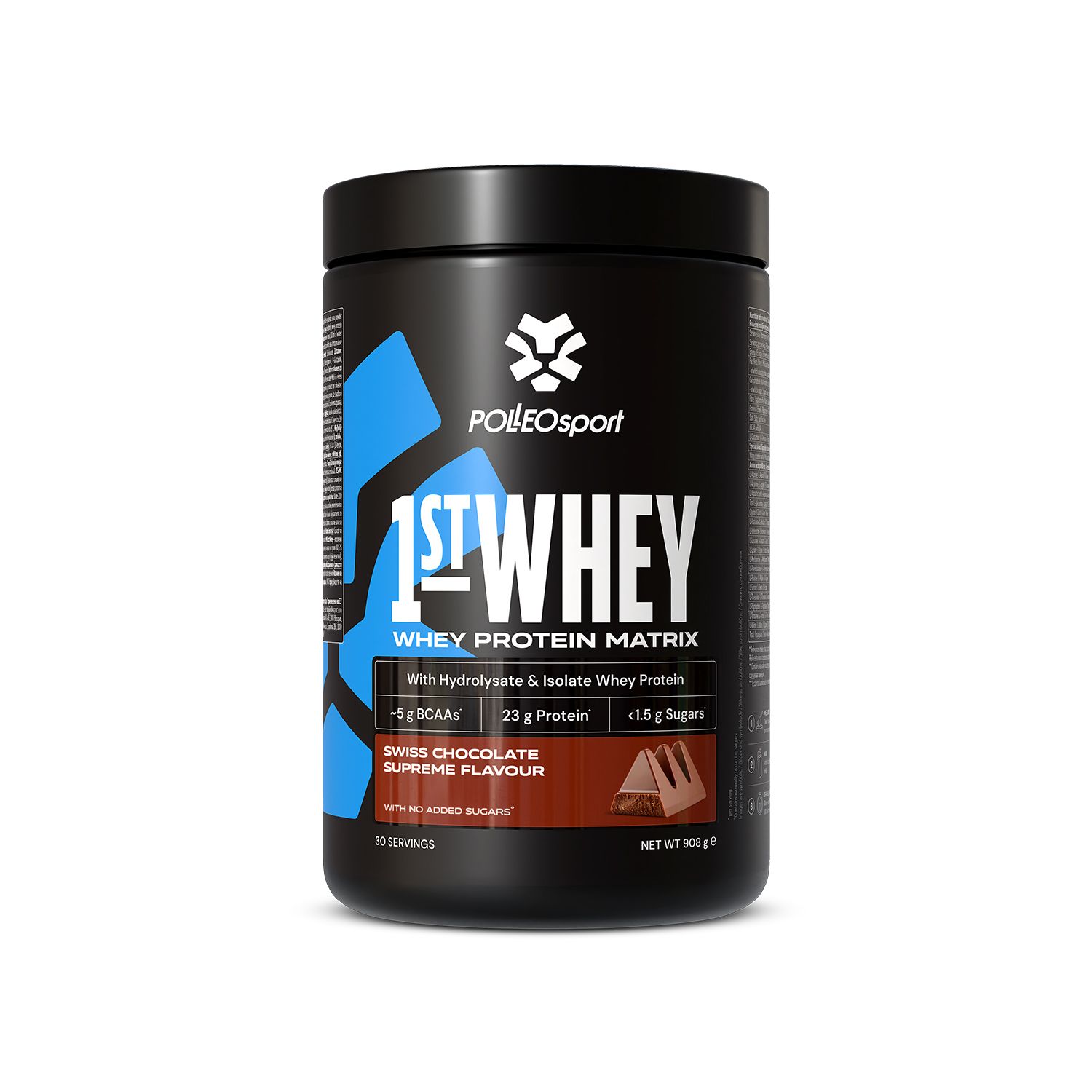 Pot noir "1ST:WHEY" avec logo. Contient de la protéine en poudre. Inscription: Swiss Chocolate Supreme. 30 portions.