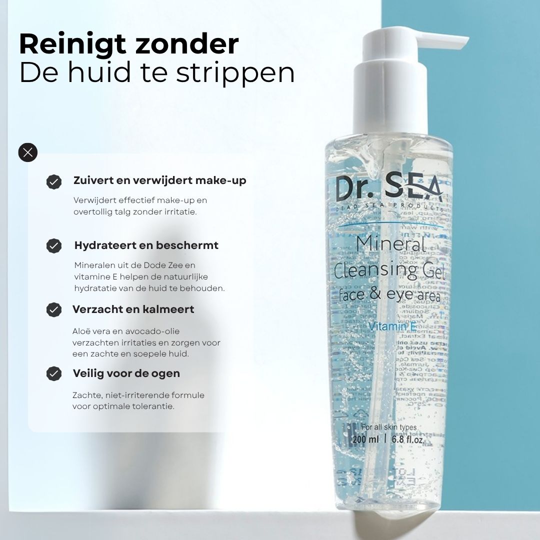 Productfles met tekst. Tekst: Reinigt zonder de huid te strippen. Dr. Sea, Mineral Cleansing Gel, Face & eye area, Vitamine E.