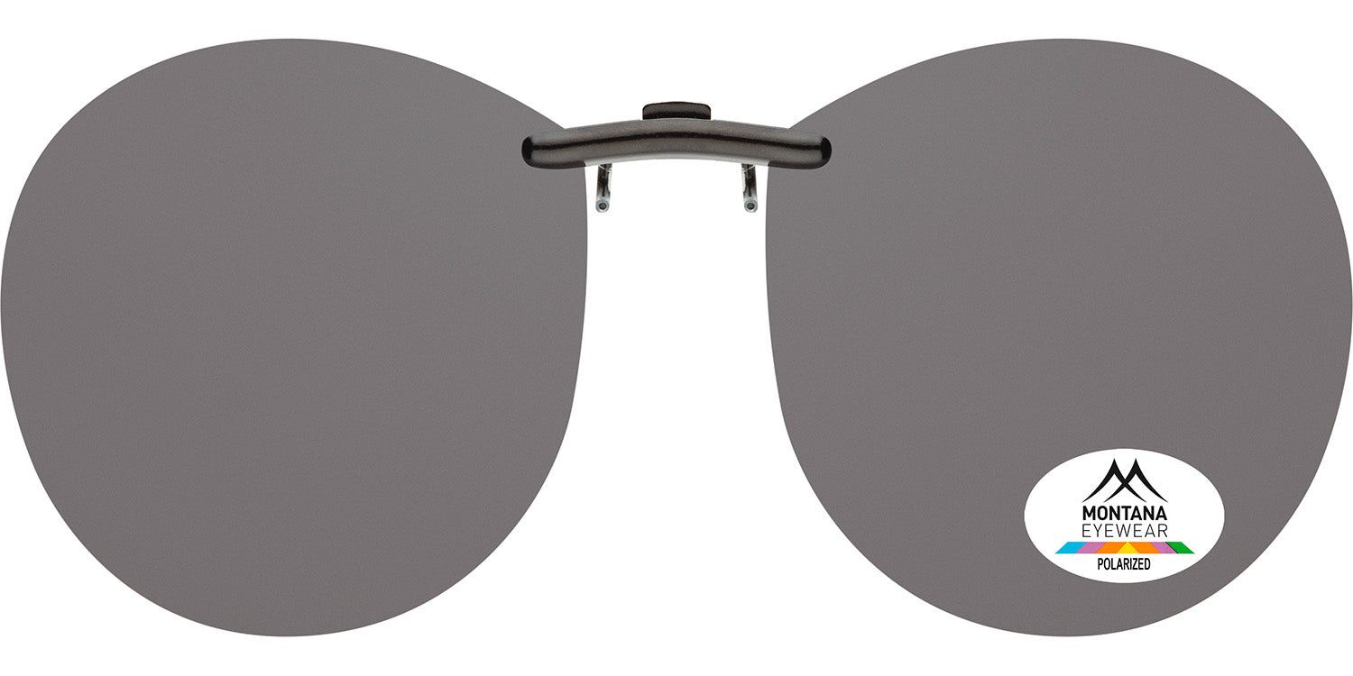 Clip-on solaire avec verres ronds et monture métallique. Logo Montana Eyewear et autocollant Polarized.