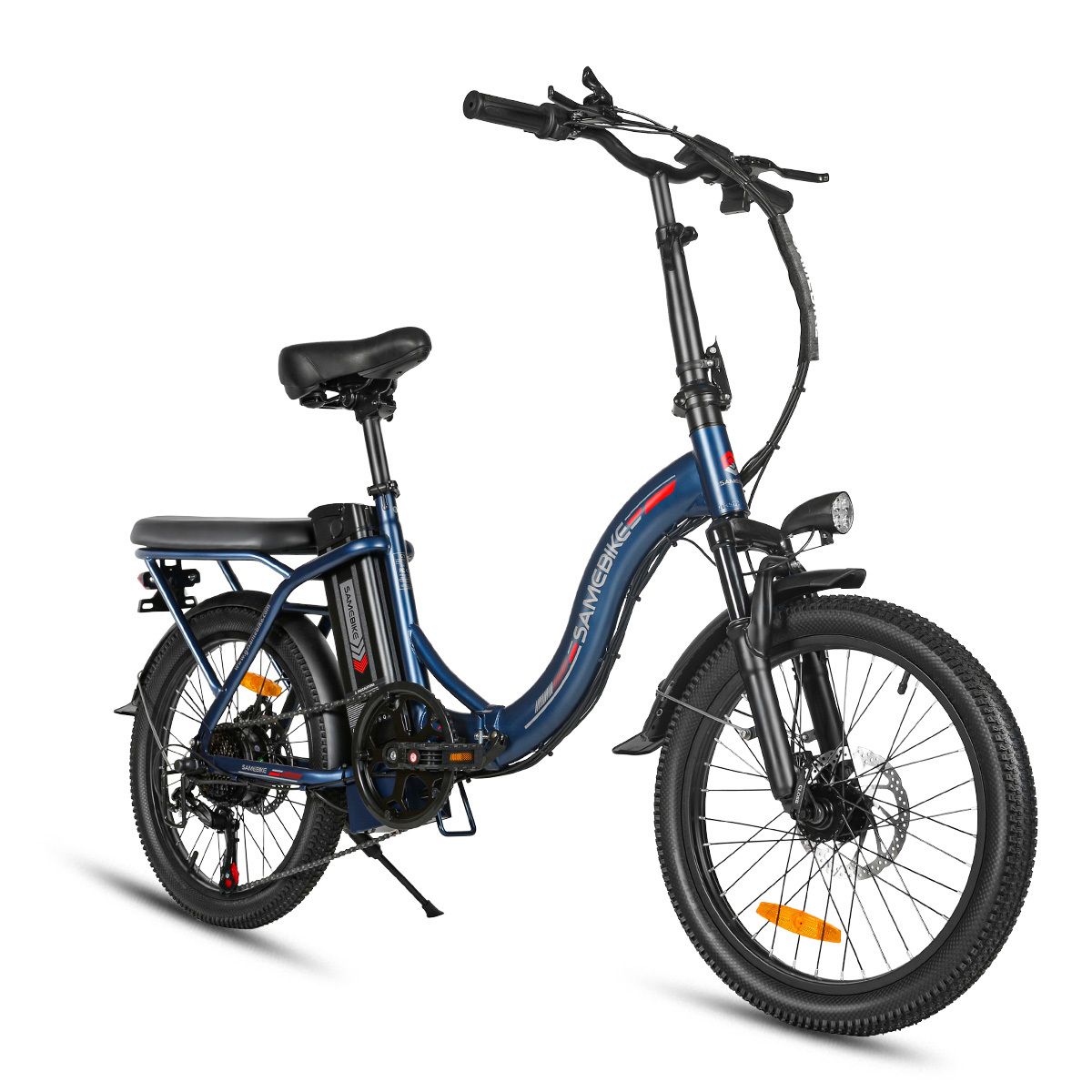 Vélo électrique pliable bleu. Pneus, selle et guidon noirs. Marque SAMEBIKE visible.