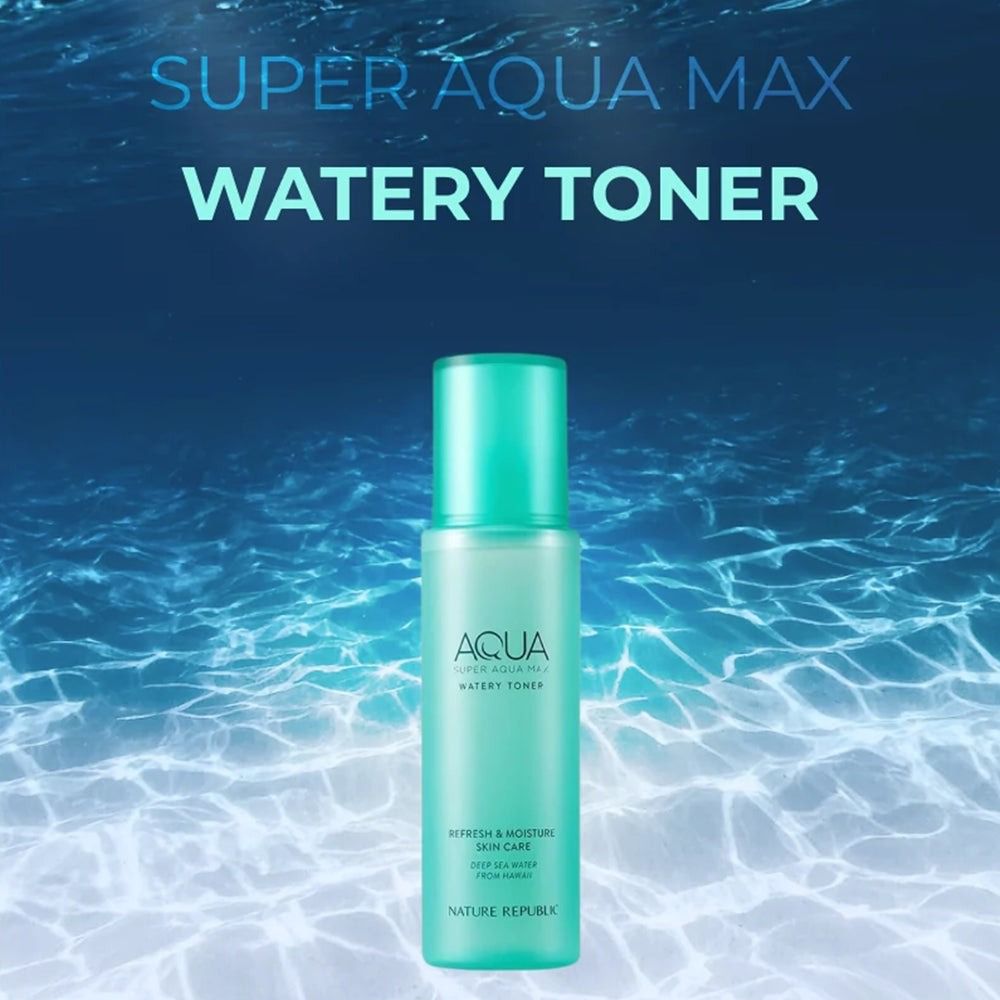 Flacon Aqua Watery Toner, bouchon turquoise. Inscriptions: Super Aqua Max, Refresh & Moisture Skin Care, Nature Republic.