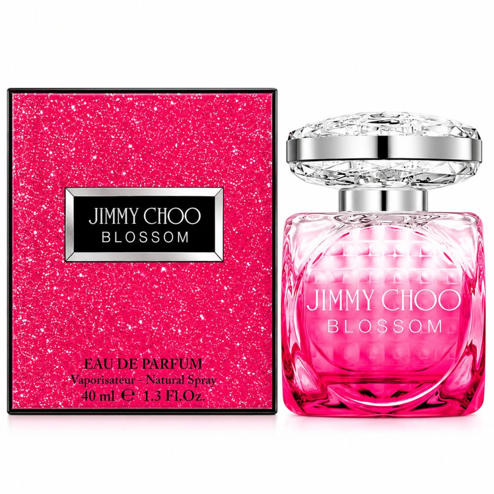Flesje en verpakking Jimmy Choo Blossom Eau de Parfum 40ml met glittereffect.