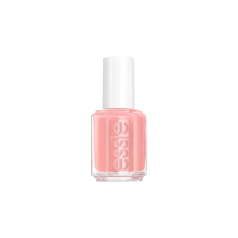 Nagellakflesje met roze inhoud en witte dop. Opschrift 'essie'.