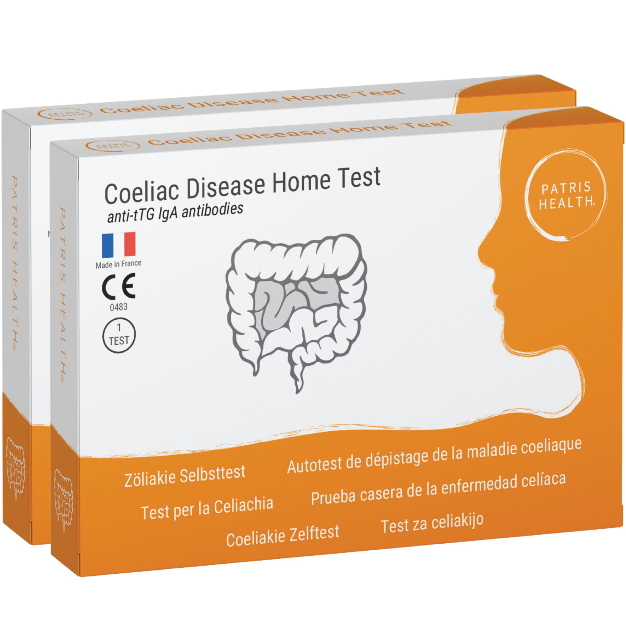 Twee verpakkingen van de Coeliac Disease Home Test. Verpakking met productnaam en logo.