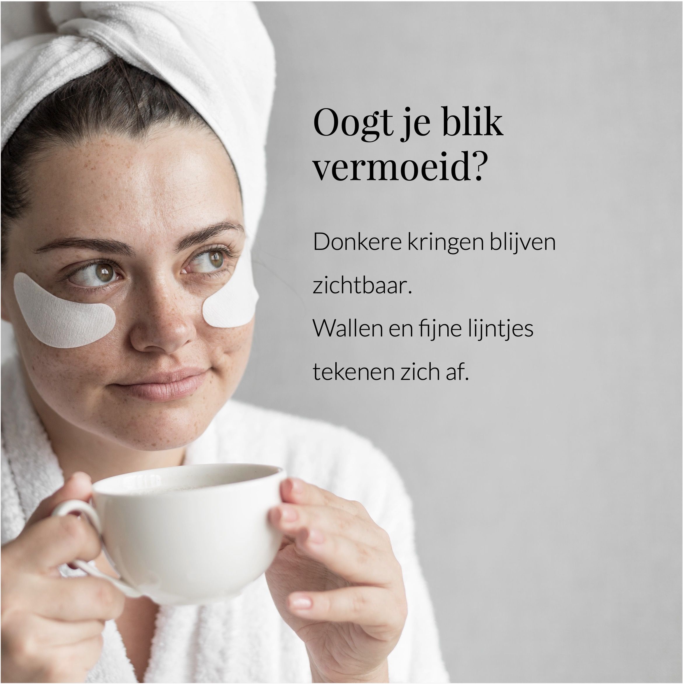 Productfles en tekst. Tekst: ANTI-AGING EYE CONTOUR CREAM. Voordelen: verstevigt oogleden, vermindert wallen.