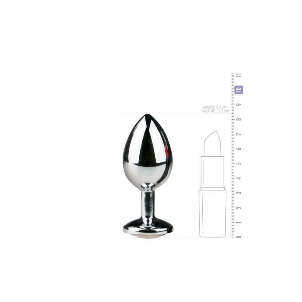 Plug anal argenté en métal, longueur 8,4 cm, diamètre 3,7 cm.