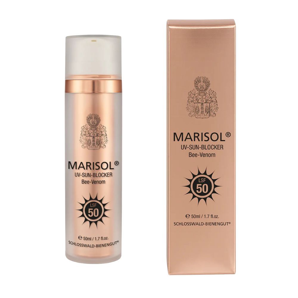 Flacon et emballage de crème solaire. MARISOL UV-Sun-Blocker LSF 50. Design doré. Texte: Bee-Venom, SchlossWald-Bienengut.