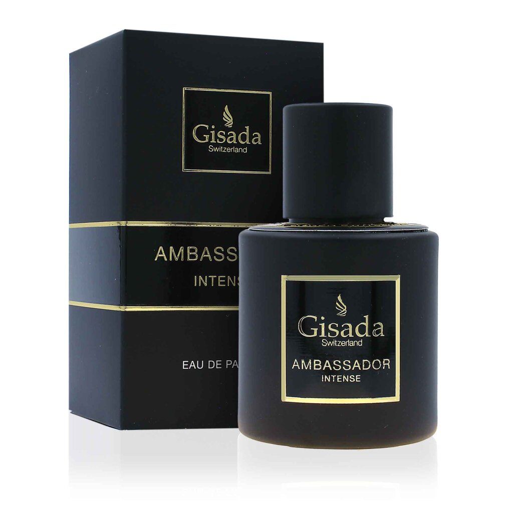 Zwarte fles en doos. Opschrift: Gisada Ambassador Intense. Eau de Parfum. Gouden tekst.