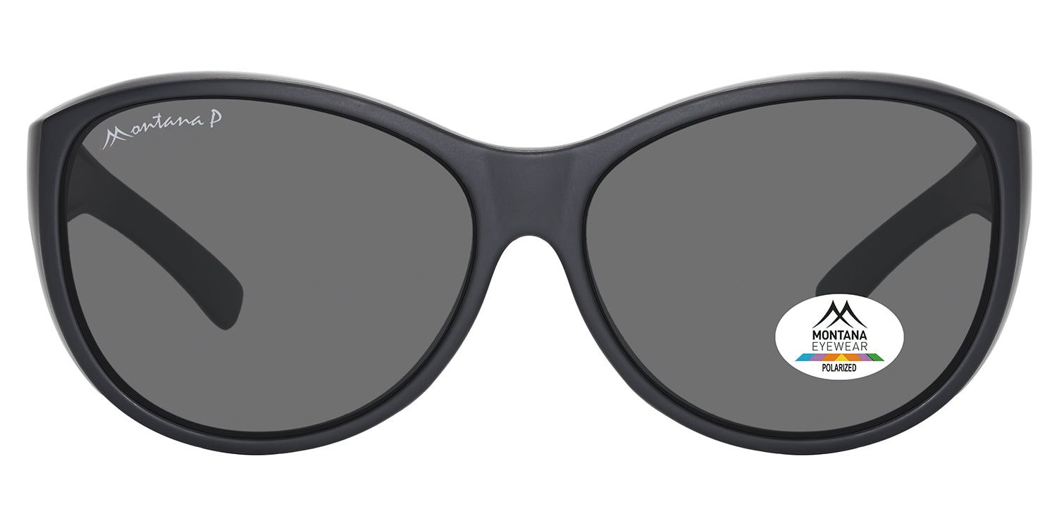 Lunettes de soleil noires avec verres gris. Logo Montana Eyewear sur la branche et le verre. Verres polarisés.