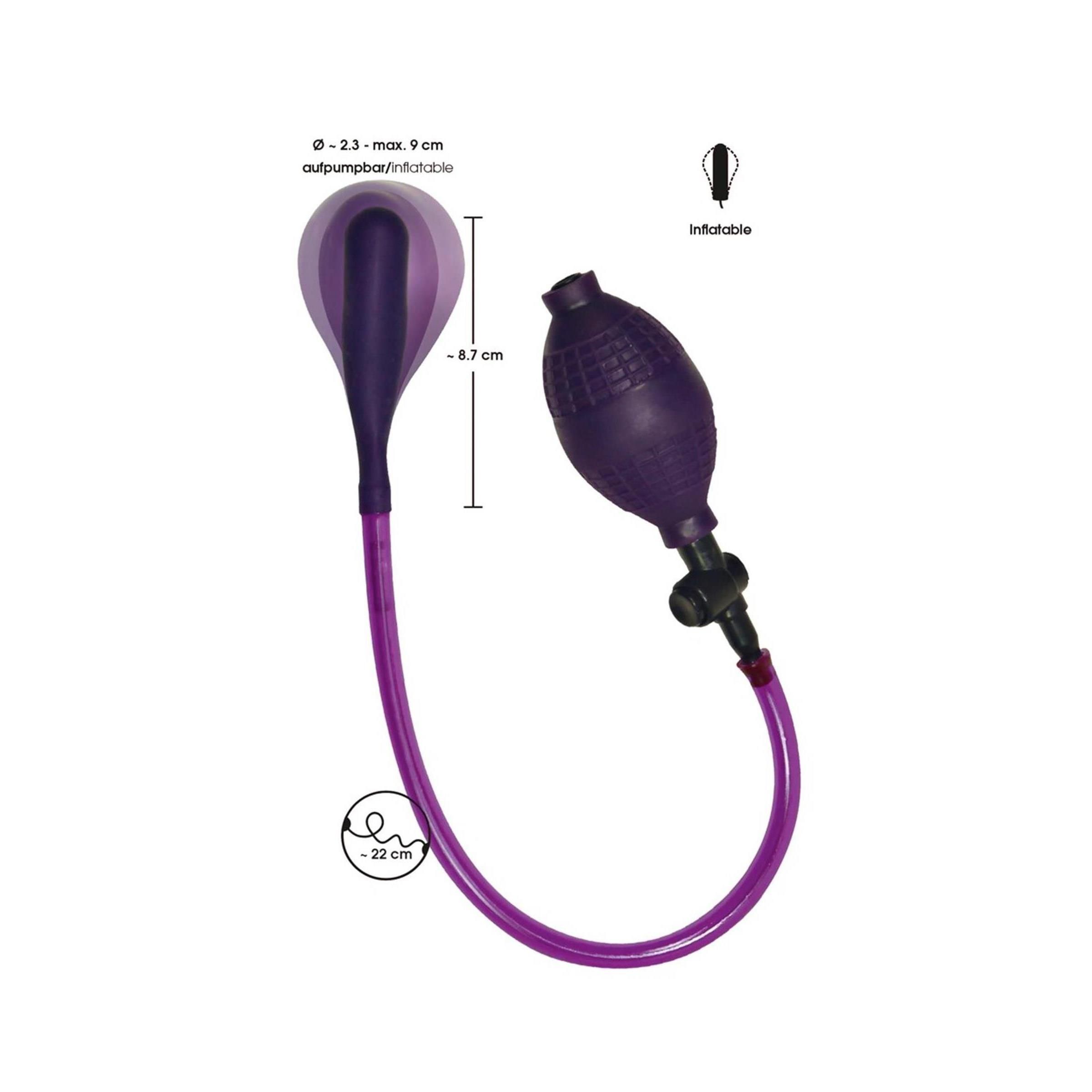 Plug anal gonflable avec pompe à main, violet. Dimensions : Ø 2,3-9 cm, 8,7 cm de long, tube env. 22 cm.