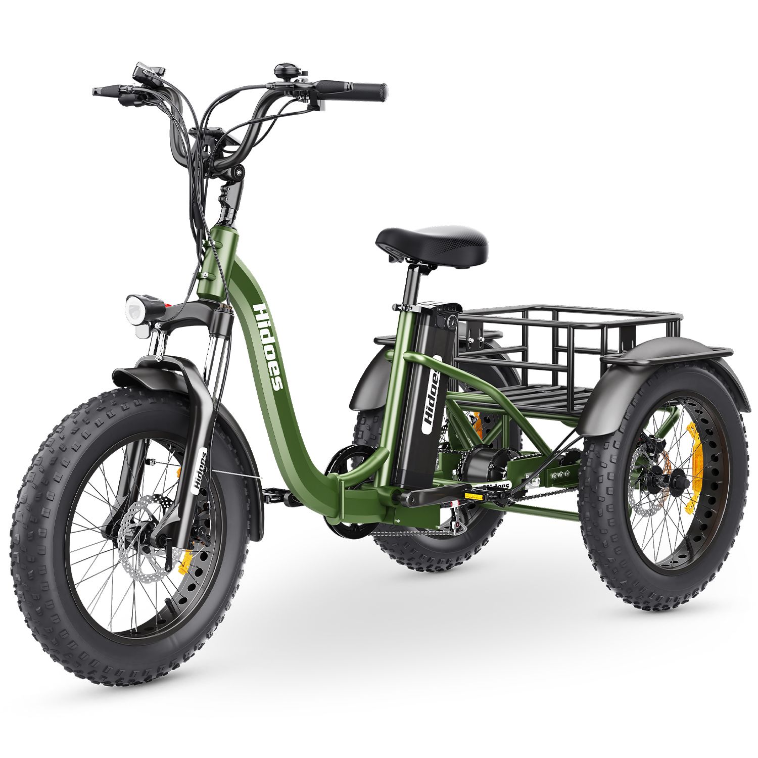 Tricycle électrique vert avec panier noir, pneus et siège. Marque : Hidoes. Batterie amovible.