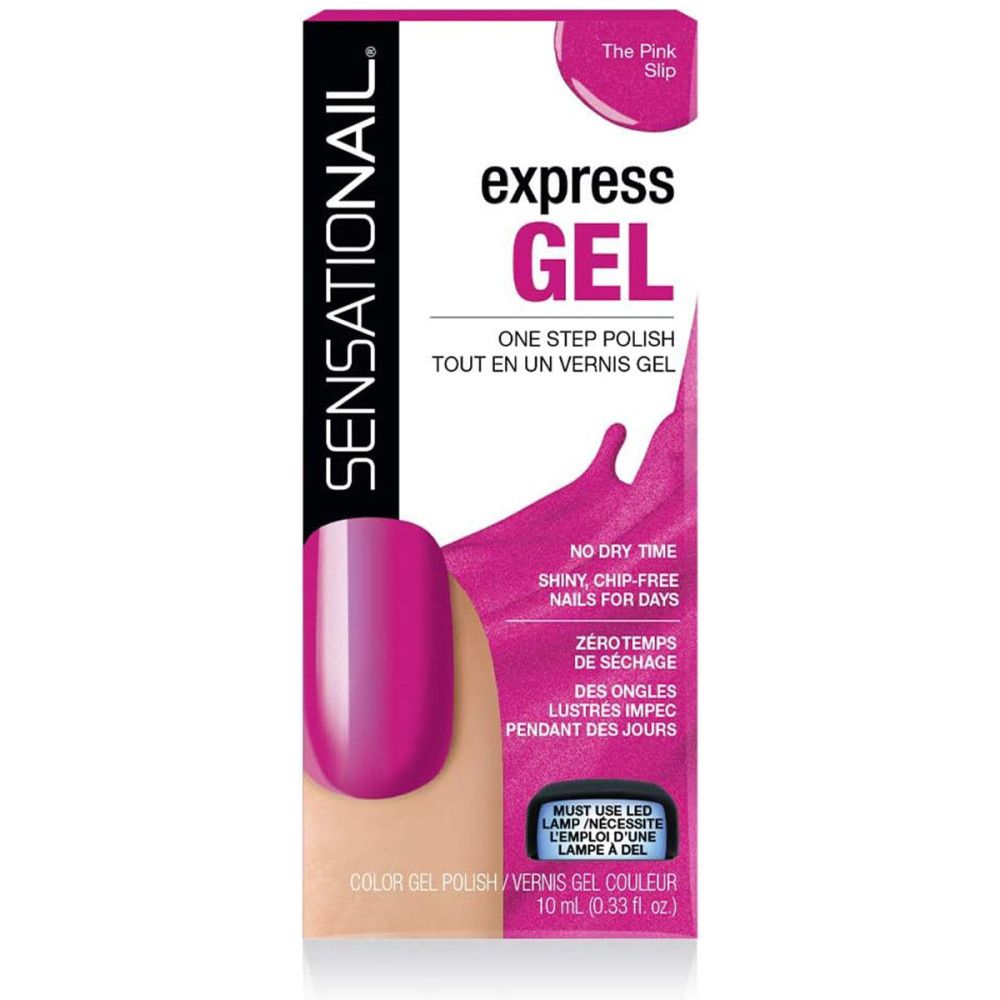 Emballage Sensationail Express-Gel. Vernis à ongles rose sur un doigt. Texte.
