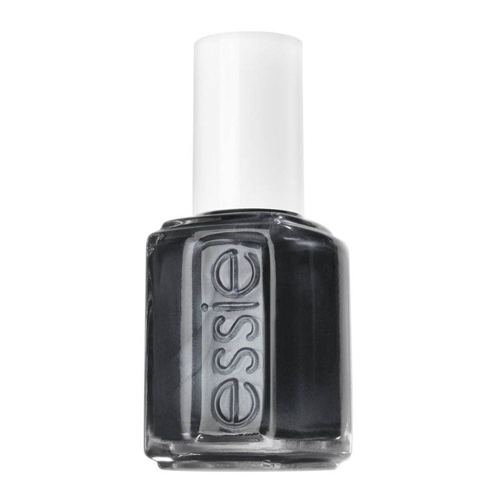 Essie nagellakfles, donkergrijs. Witte dop, transparante glazen fles. Essie belettering.