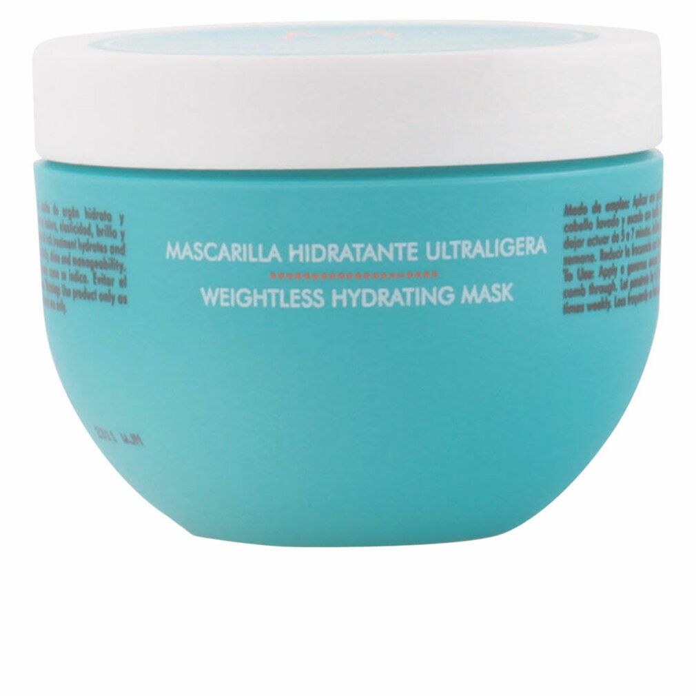 Turquoise pot met witte deksel. Opschrift: Mascarilla Hidratante Ultraligera, Weightless Hydrating Mask.