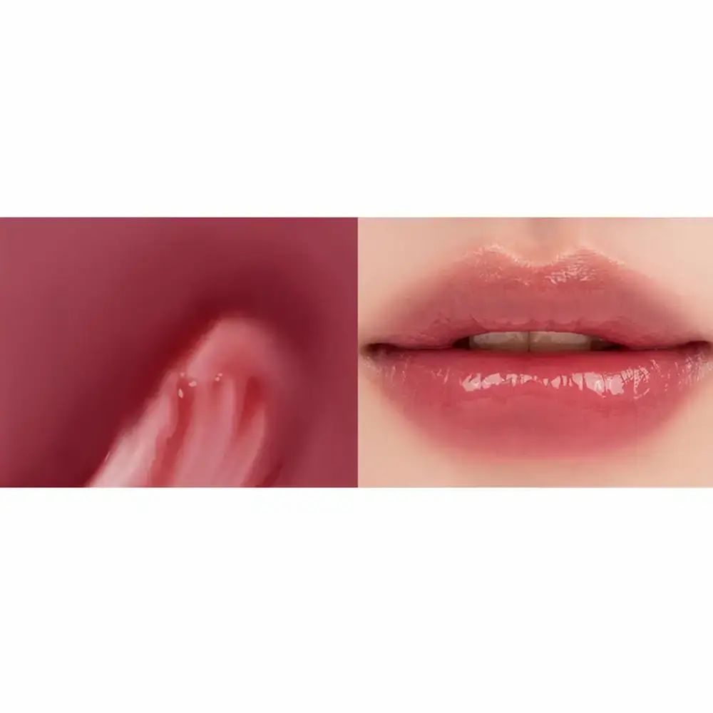 Twee afbeeldingen: links, lipgloss-veeg; rechts, lippen met glanzende lipgloss. De lipgloss is roze.