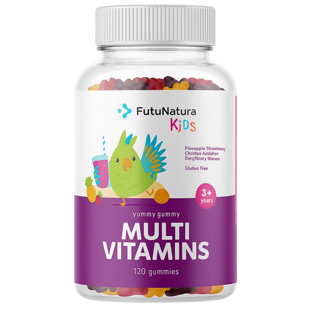 Bouteille FutuNatura Kids Multi Vitamins. Bonbons dans le verre. Texte: Multi Vitamins, 120 gommes, 3+ ans, sans gluten.