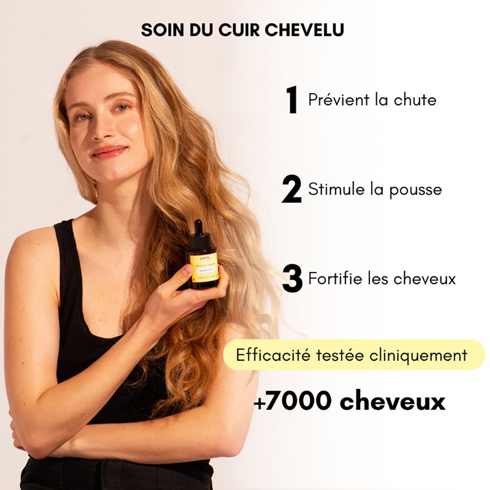 Femme tenant une bouteille. Texte: Soin du cuir chevelu, 1. Prévention, 2. Stimulation, 3. Renforcement. Testé cliniquement, +7000 cheveux.
