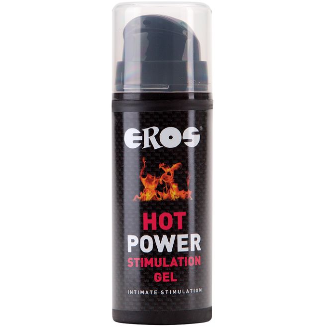 Flacon de gel de stimulation Eros Hot Power avec pompe. Texture noire, design flammes.