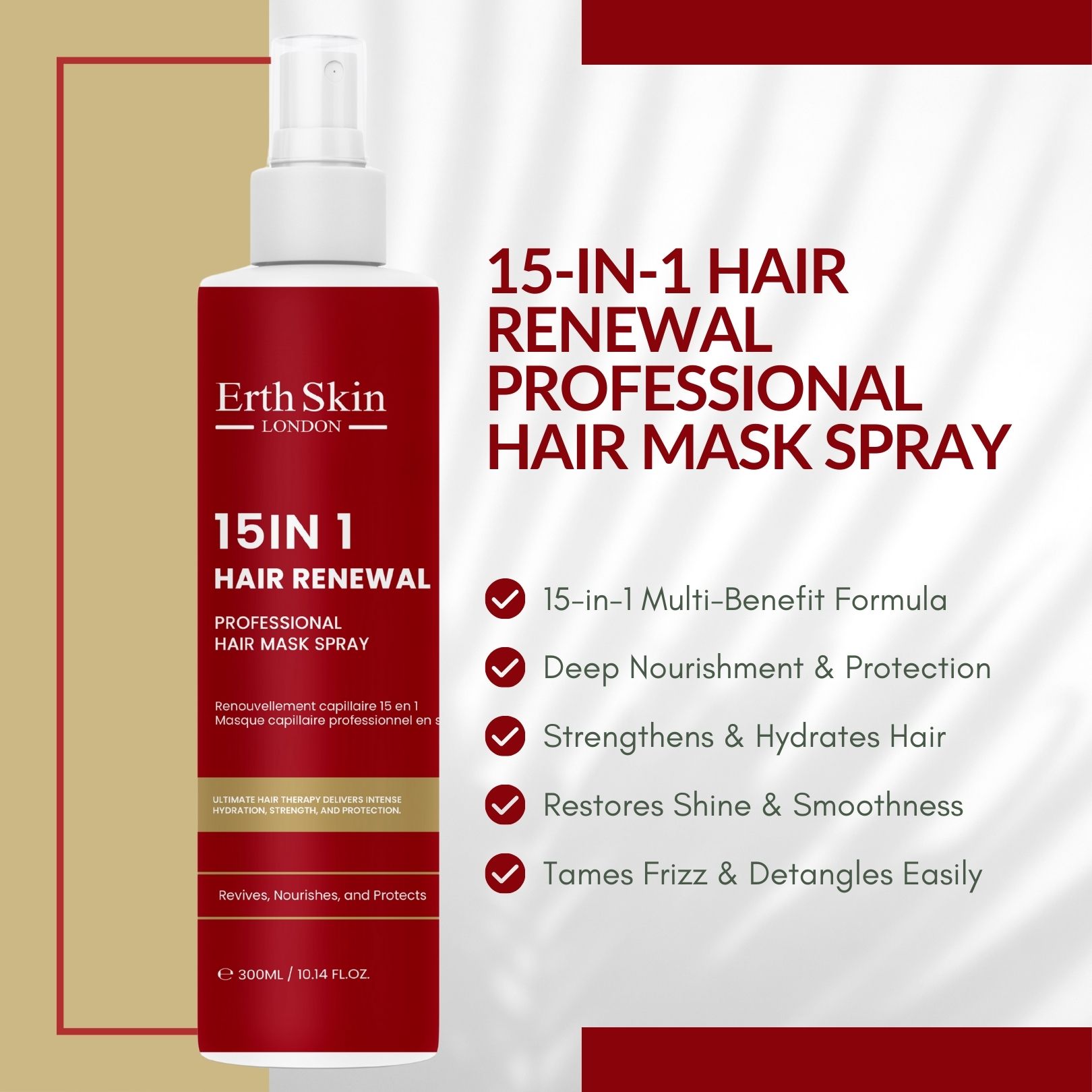 Rode spuitfles met witte sproeikop. Tekst: 15-in-1 Hair Renewal, professionele haarmaskerspray. Voordelen: voeding, bescherming, glans.
