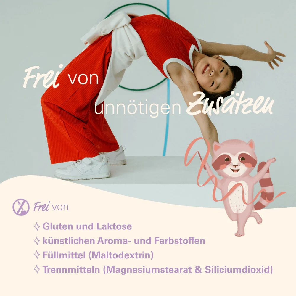 Kind in rode kleding. Tekst: Vrij van onnodige toevoegingen. Vrij van gluten en lactose, kunstmatige aroma's en kleurstoffen, vulstoffen.