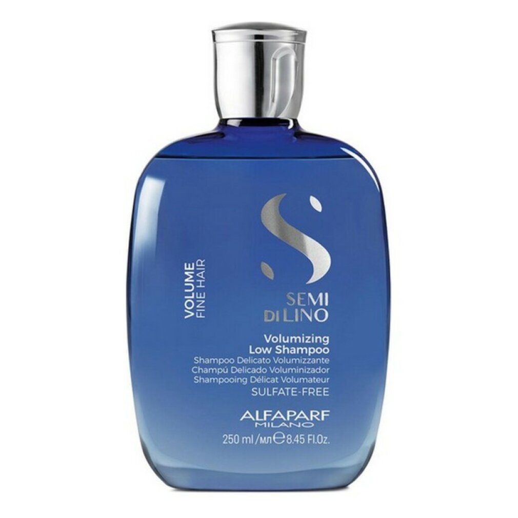 Blauwe fles met zilveren dop, Semi di Lino Volumizing Low Shampoo, 250 ml.