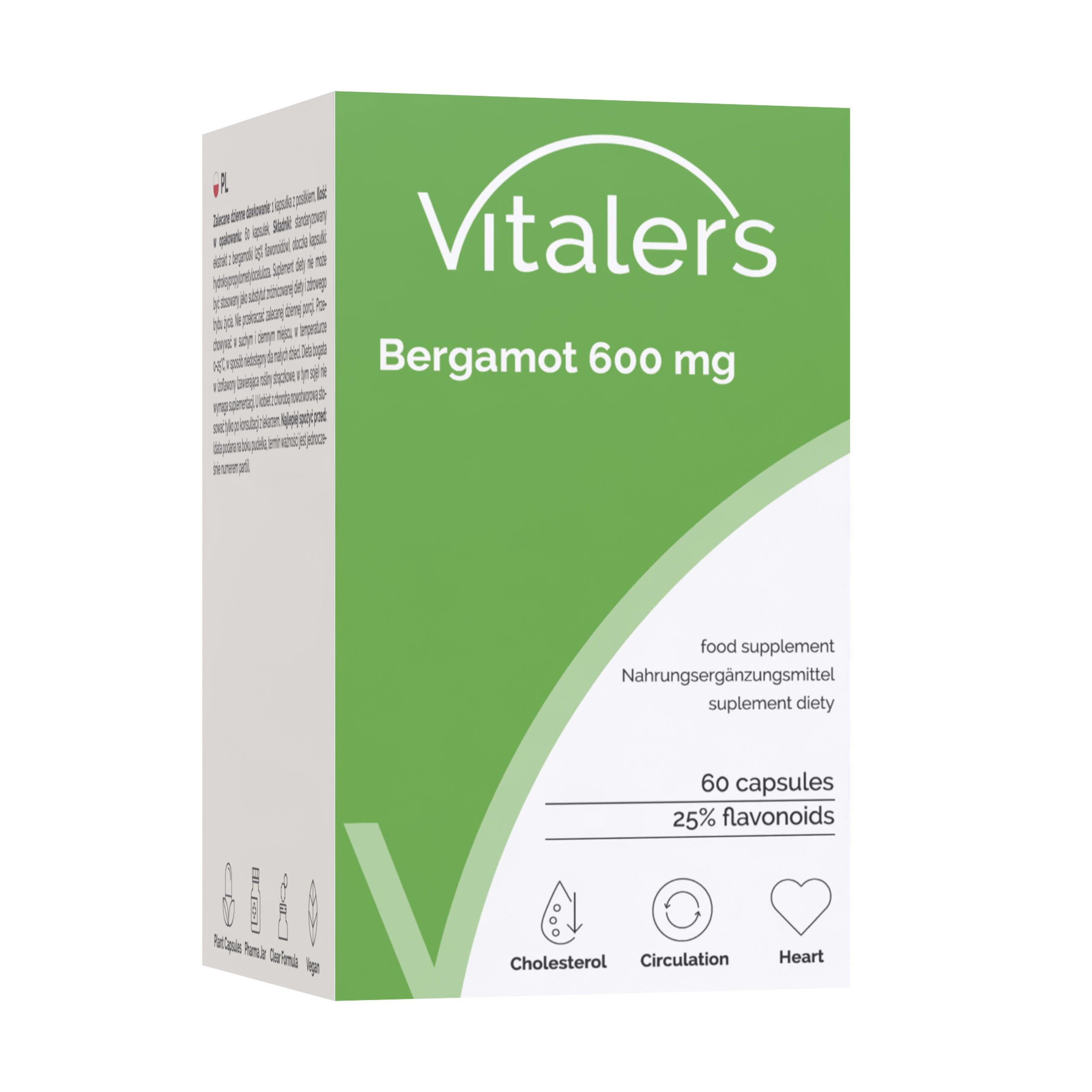 Vitaler’s Bergamot 600 mg doos: Groene doos met productinformatie en iconen voor hart, cholesterol en circulatie.