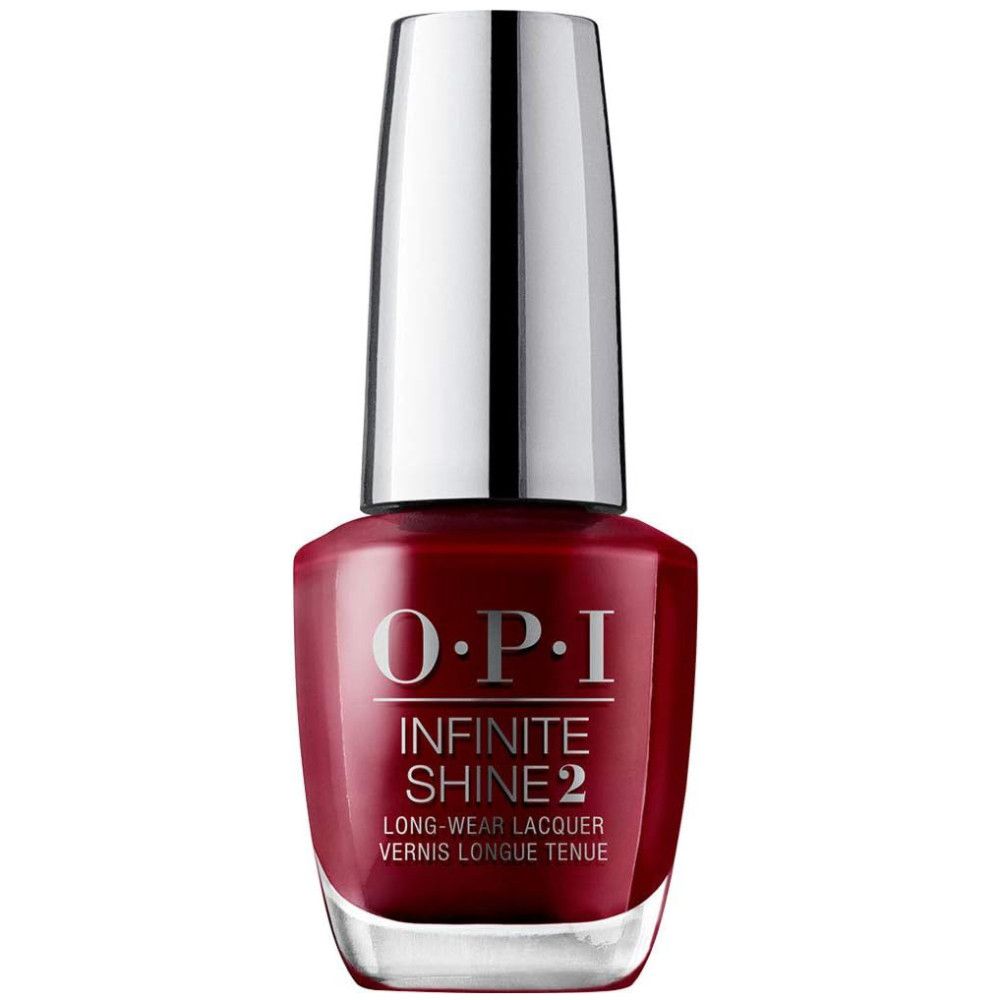 Flacon de vernis à ongles OPI Infinite Shine 2. Verre bordeaux, bouchon argenté. Nom du produit visible.