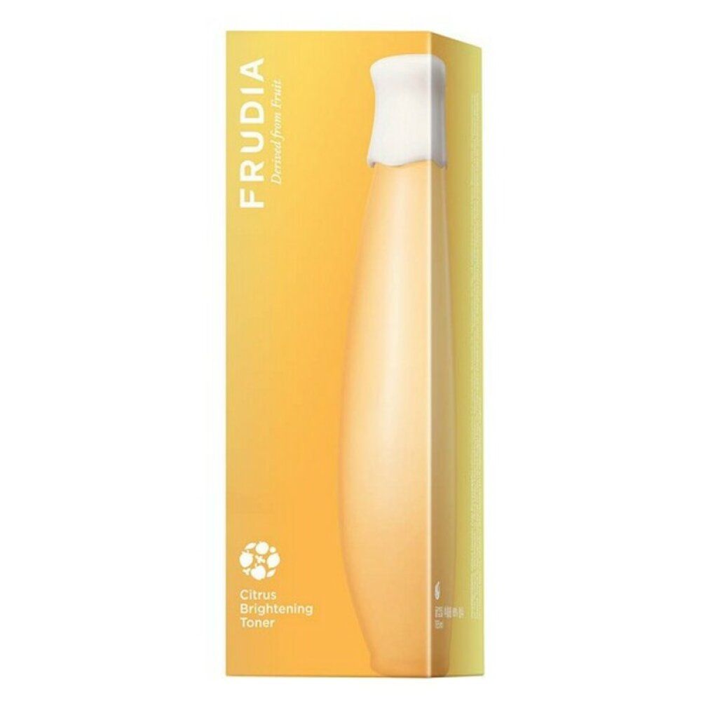 Verpakking voor Frudia Citrus Brightening Toner met flesafbeelding en fruitsymbool.