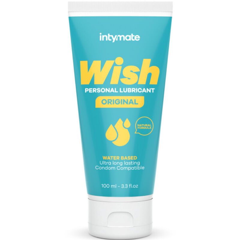 Turquoise tube met gele tekst "Wish". Bevat "Personal Lubricant". Onderaan "Water Based".
