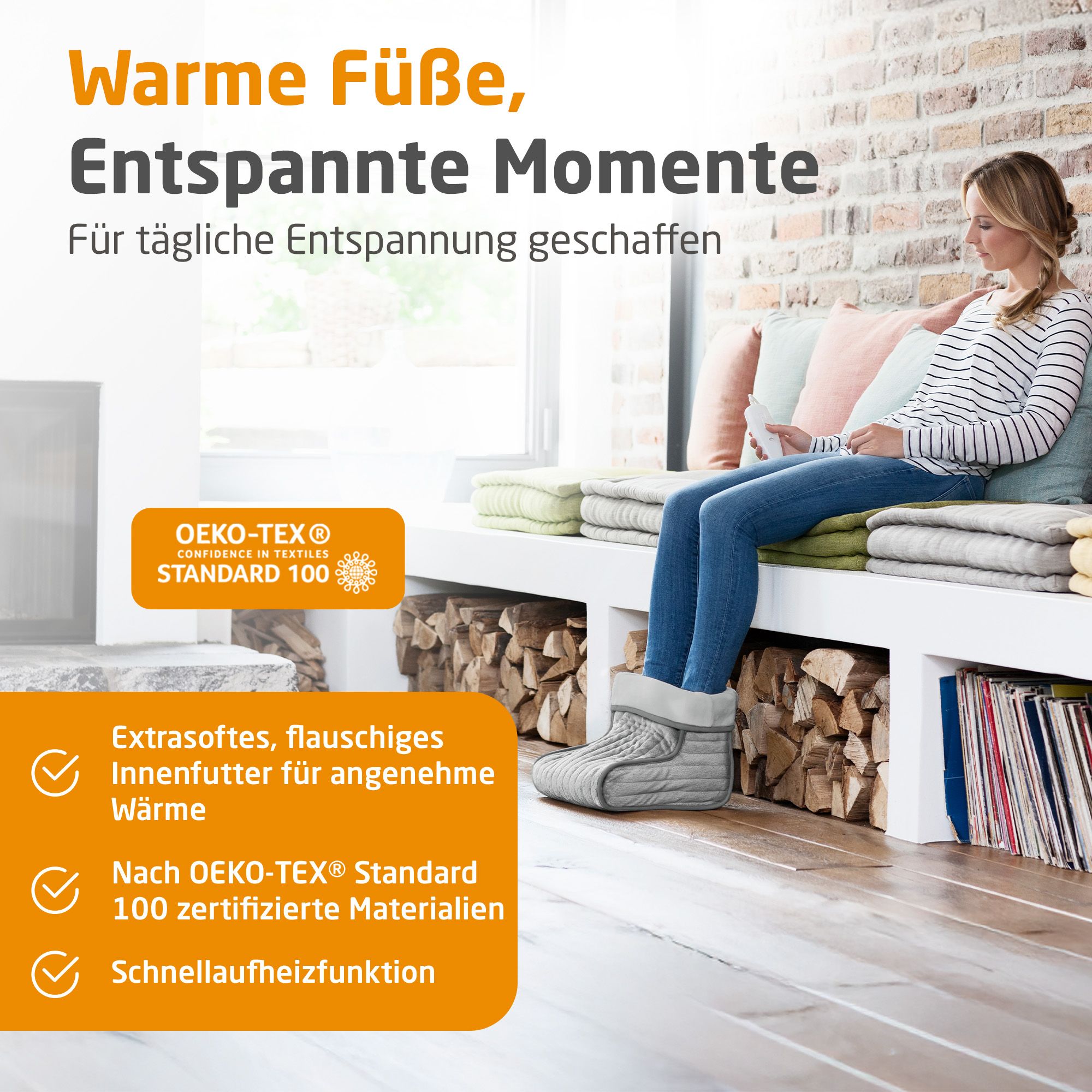 Grijze voetverwarmer met zachte voering, OEKO-TEX® Standard 100 gecertificeerd.