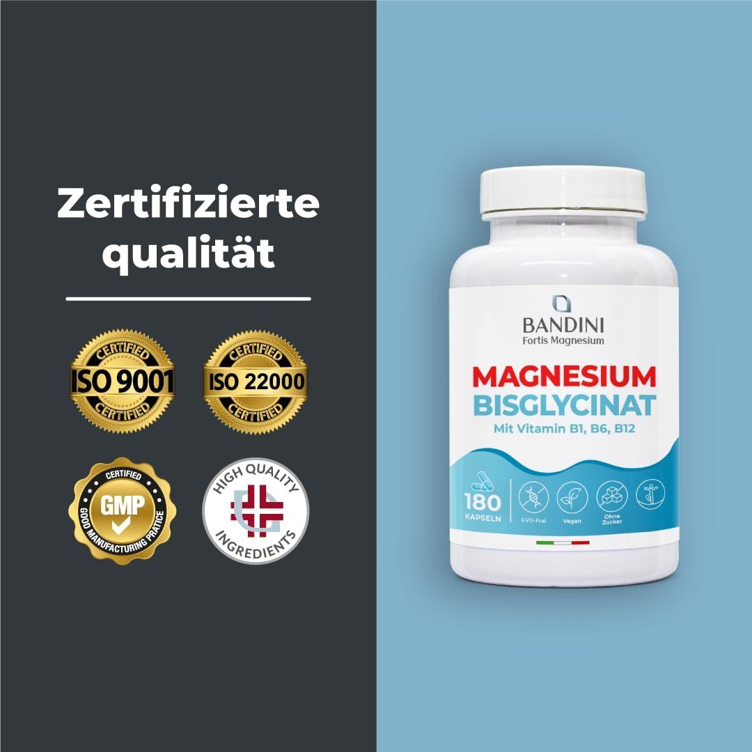 Flacon blanc de gélules de magnésium bisglycinate Bandini. Inscription : Magnesium Bisglycinate, Vitamine B1, B6, B12. 180 gélules. Certifications.