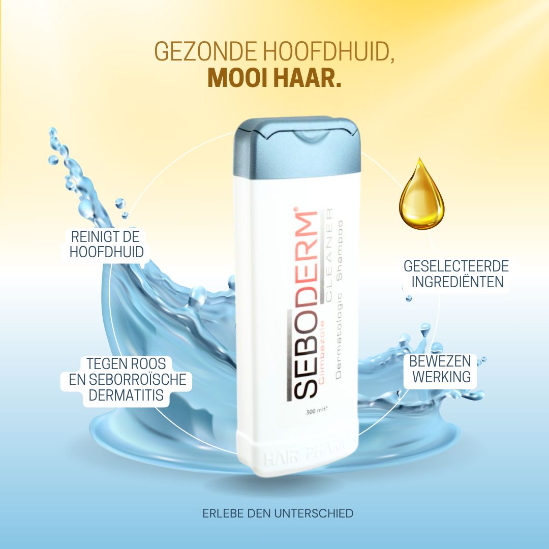 Seboderm Cleaner Shampoo in waterstralen, met olijfolie en climbazol.