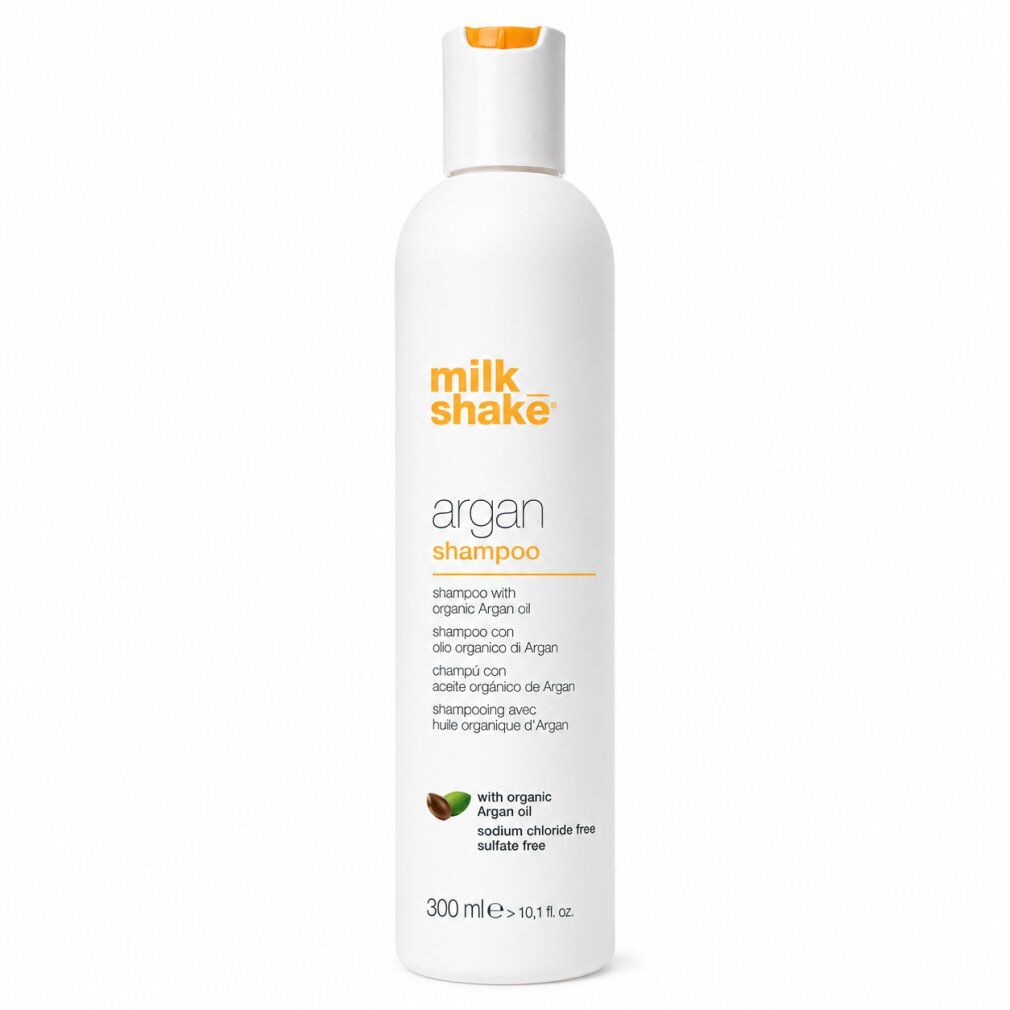 Witte fles Milk Shake Argan shampoo met oranje dop. Bevat 300 ml.