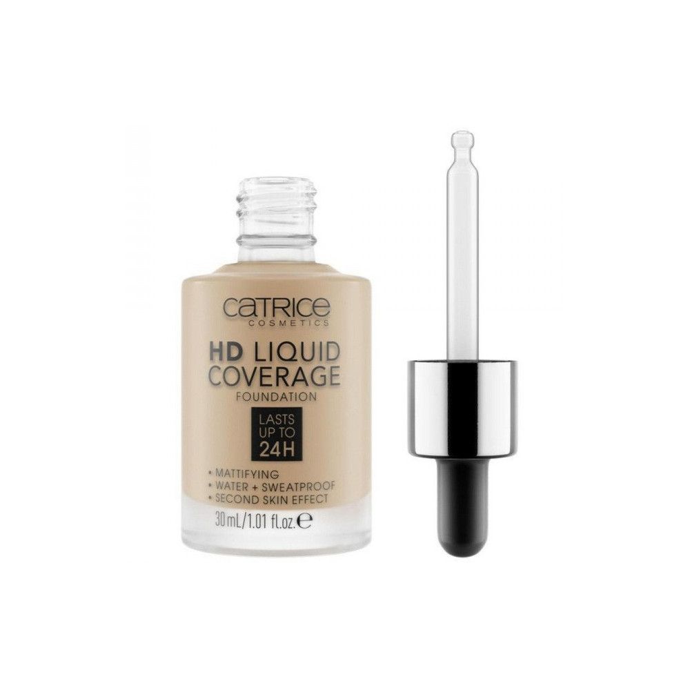 Fond de teint liquide HD. Flacon en verre avec pipette. Nom du produit et caractéristiques sur l'étiquette.