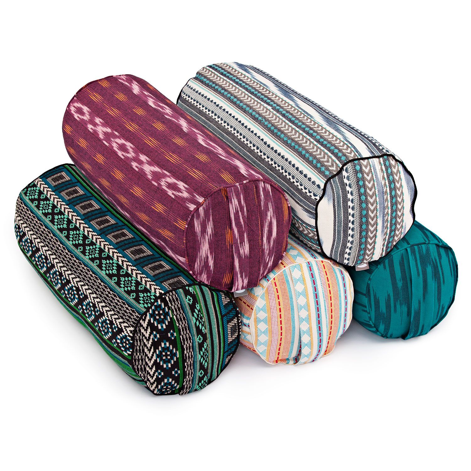 bodhi ETHNO Collectie: Yoga bolster (rond), ikat geweven stof, wijnrood