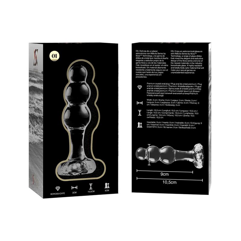 Kristallen anale plug met bolvormig uiteinde en drie bollen op de schacht. Afmetingen: 10,5 cm lengte, 9 cm omtrek.