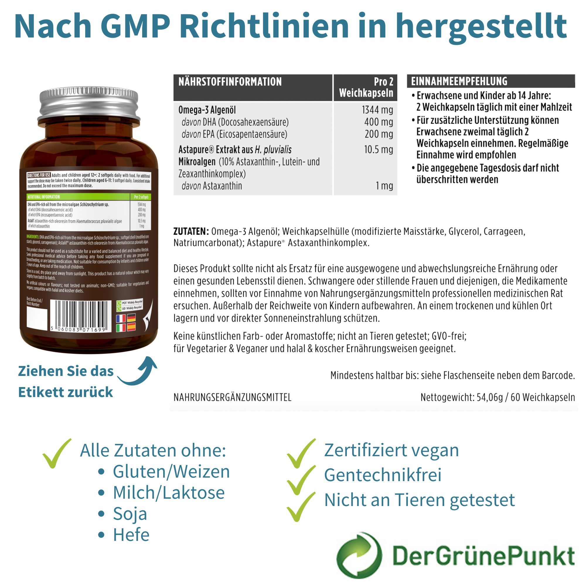 Bouteille de capsules Igennus Omega 3 Vegan, informations nutritionnelles et ingrédients sur l'étiquette.