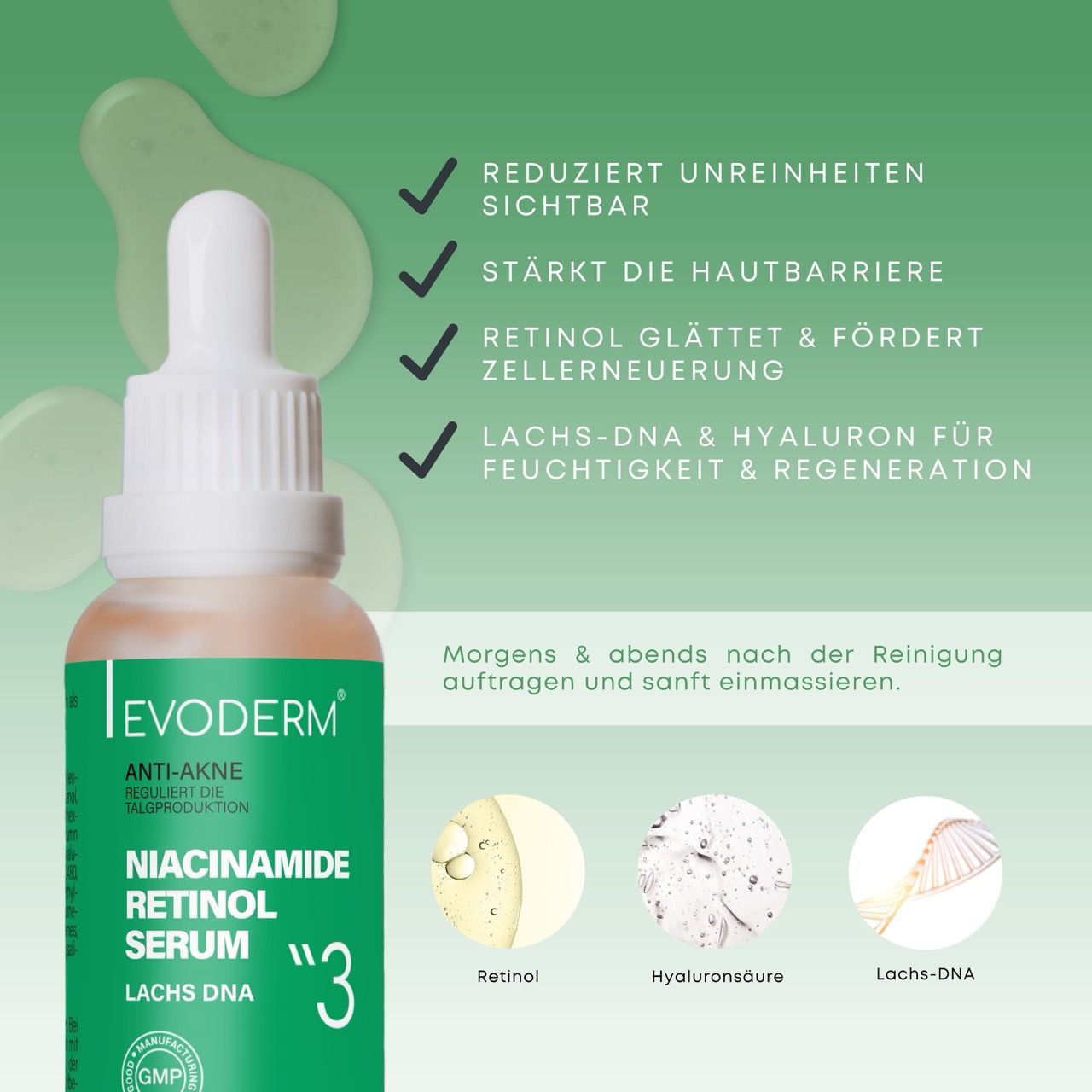 Serum met pipet. Tekst: Niacinamide Retinol Serum. Ingrediënten: Retinol, hyaluronzuur, Zalm-DNA.