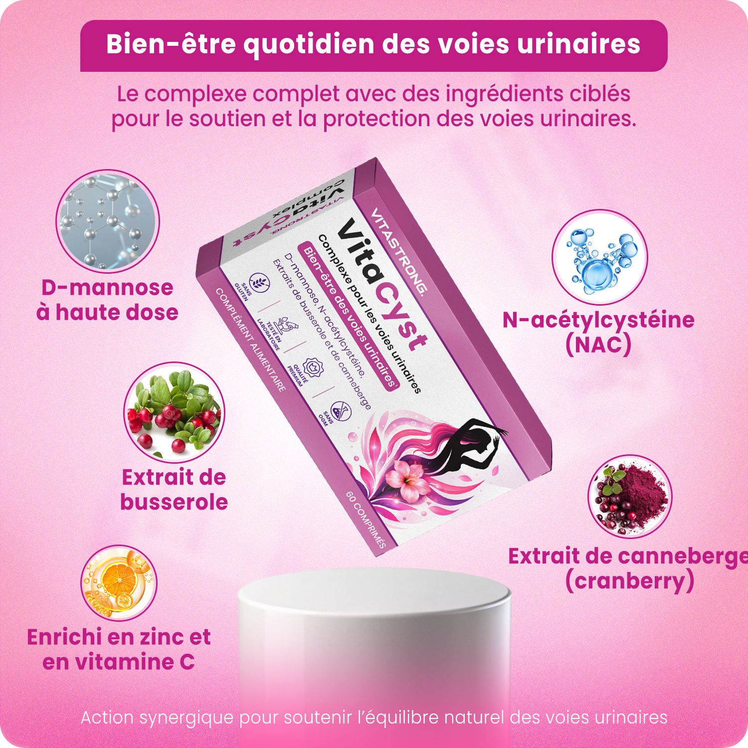 Boîte Vitastrong VitaCyst avec D-Mannose, NAC, Cranberry.