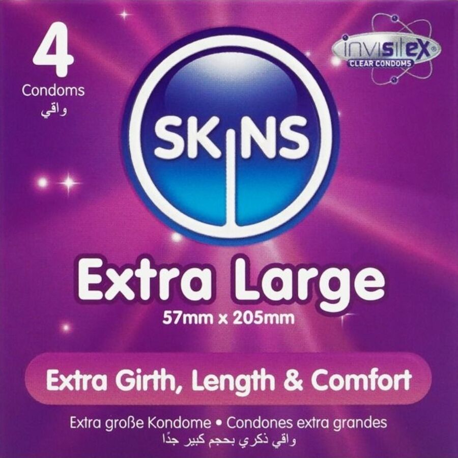 Doosje met 4 Skins Extra Large condooms, 57mm x 205mm. Extra Girth, Length & Comfort. Met InvisiTex.