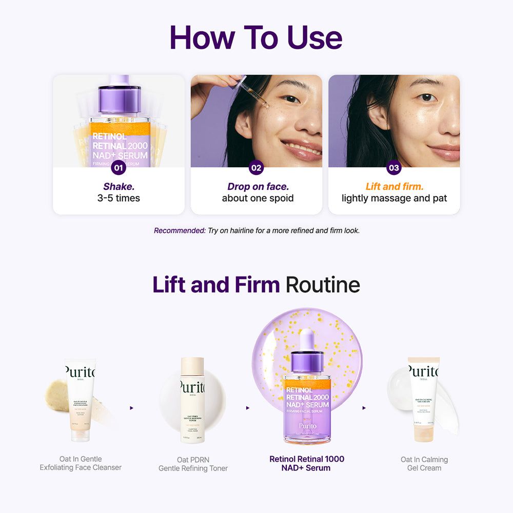 Instructies voor het aanbrengen van een retinol serum in drie stappen: schudden, op gezicht aanbrengen, masseren en deppen.