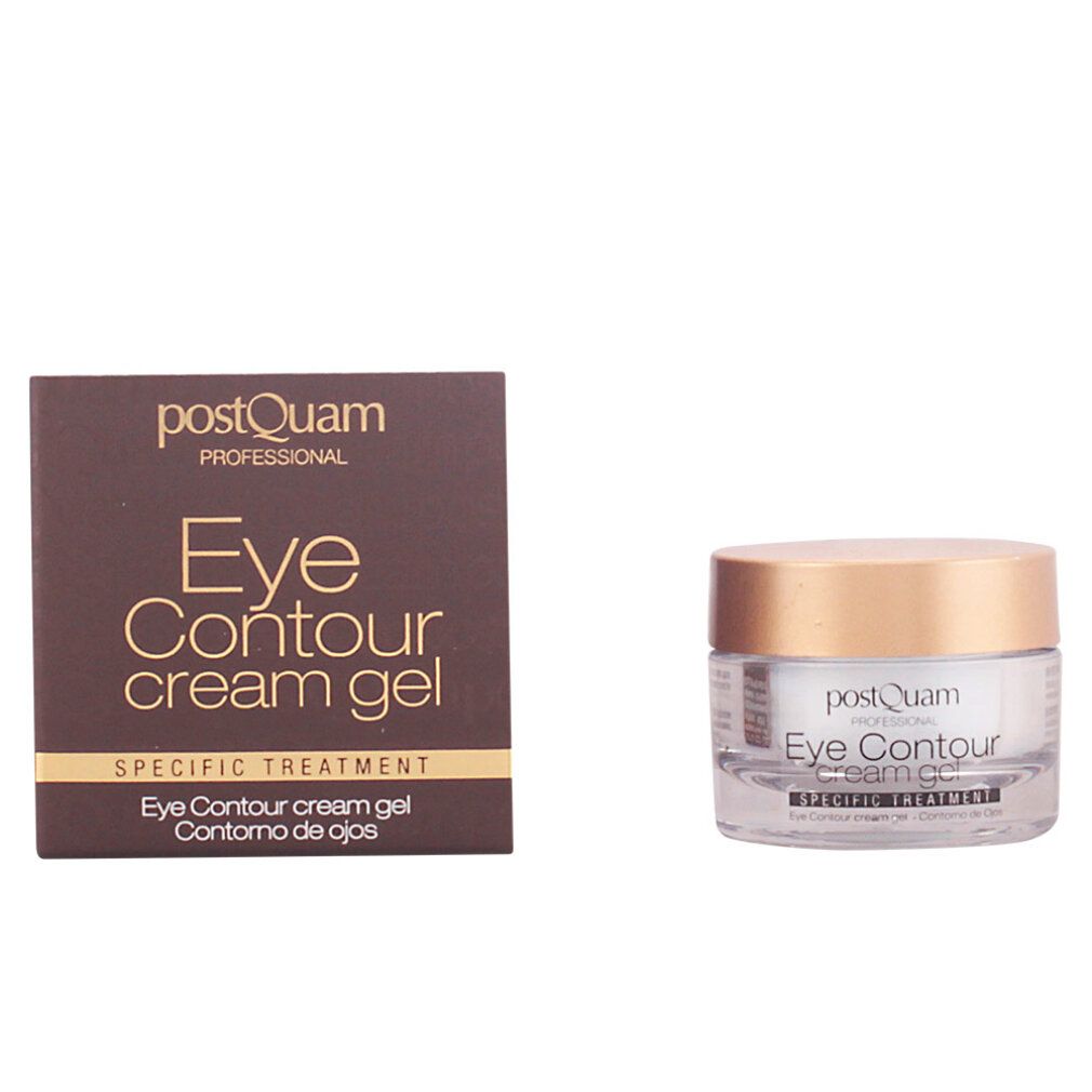 Bruine verpakking en pot. Op de verpakking staat "Postquam Professional Eye Contour cream gel". De pot heeft een gouden deksel.