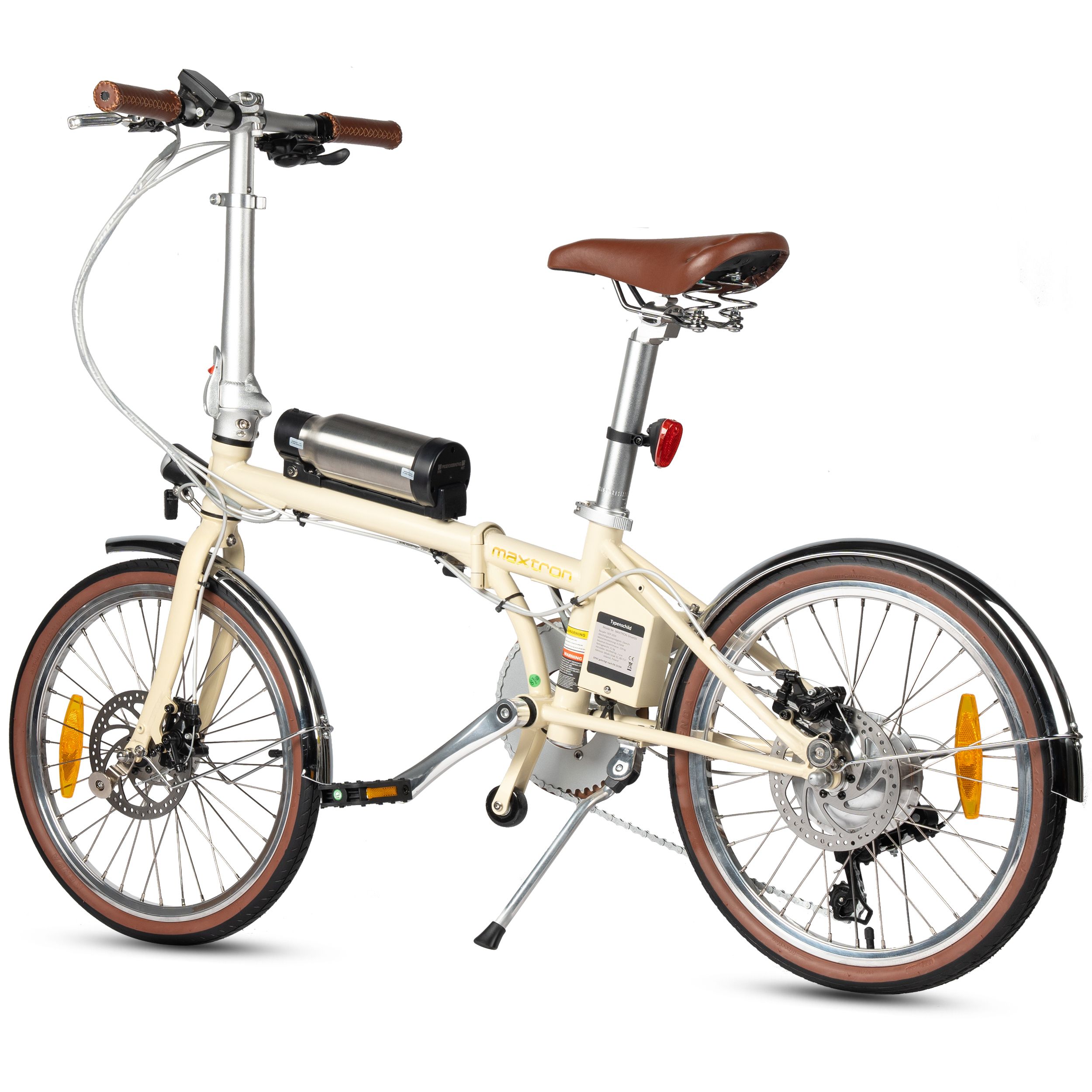 Beige elektrische fiets met bruine banden en zadel. Zichtbaar: motor, accu, spatborden, remmen. Opschrift: Maxtron.