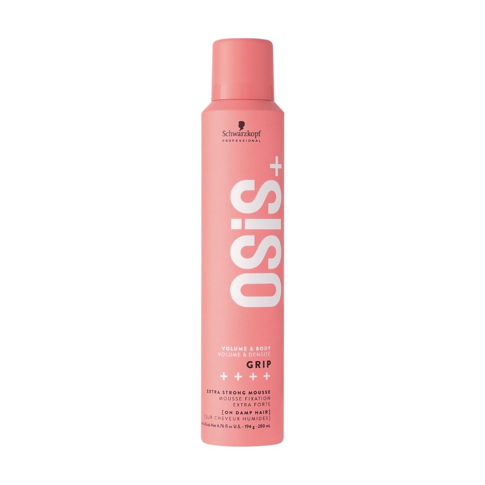 Roze haarsprayfles met witte tekst. OSiS+ Grip, Volume & Body, Extra Strong Mousse. Schwarzkopf Professional.