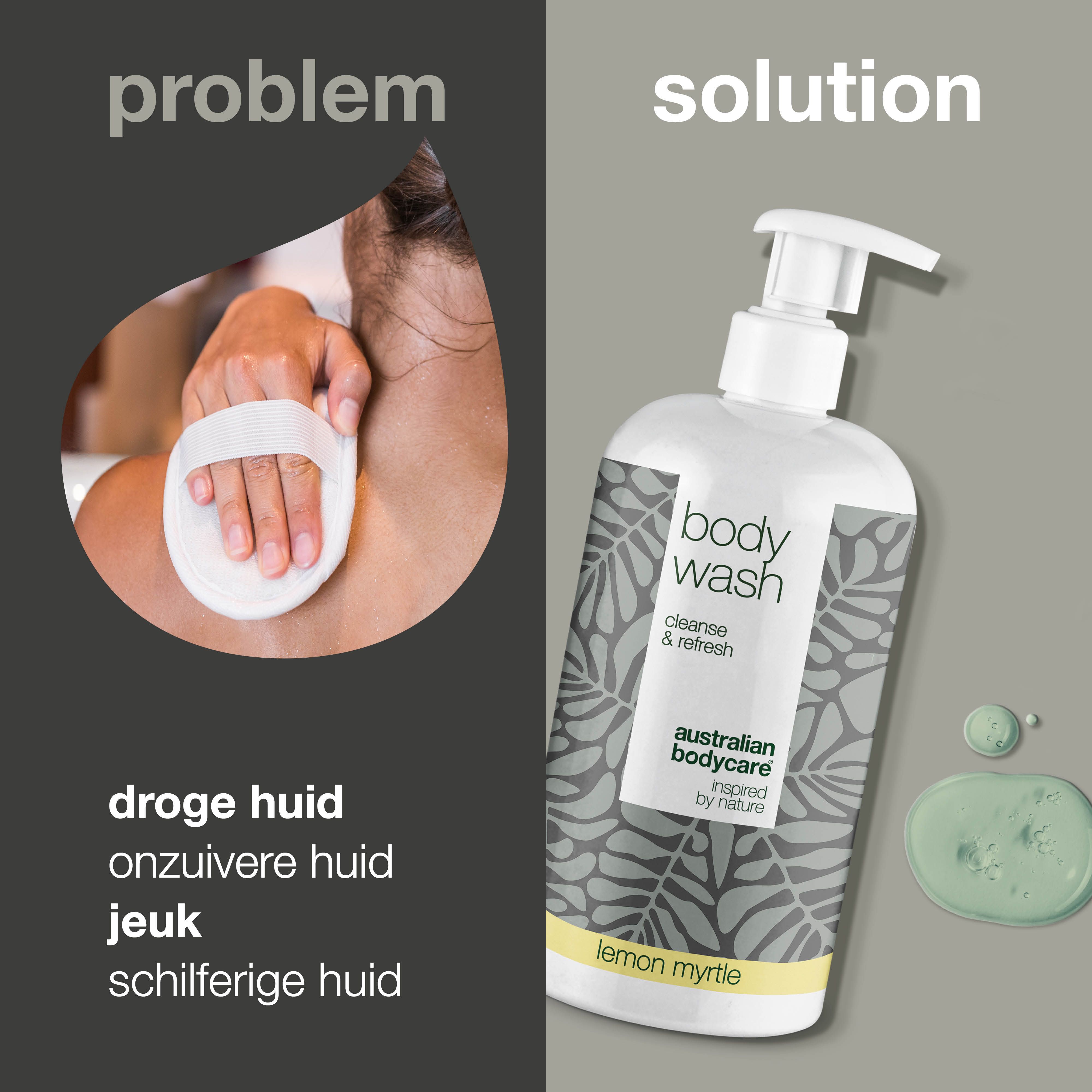 Body Wash fles met pomp. Links: problemen, rechts: oplossing. Tekst: lichaamsgeur, onzuivere huid, jeuk, schilferige huid.