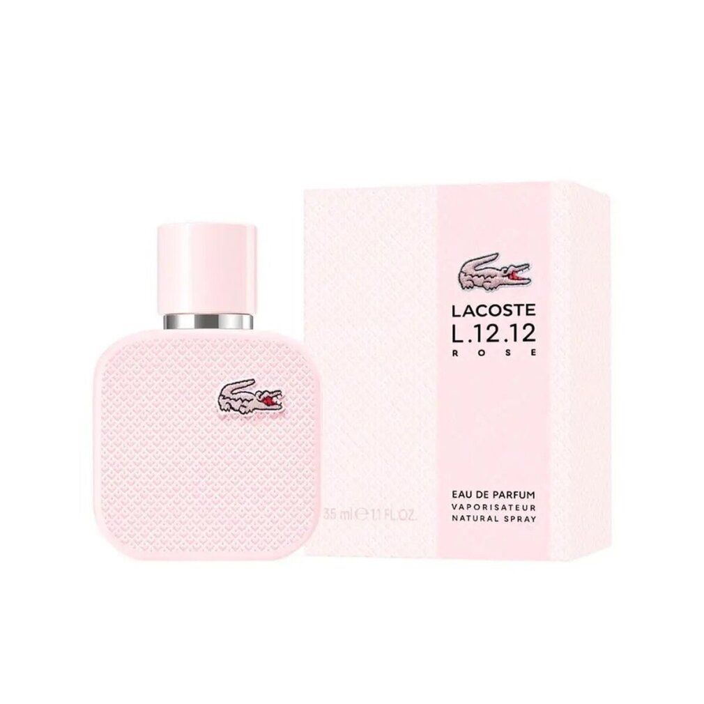Flacon et emballage roses. Flacon avec logo crocodile. Emballage avec logo et nom du produit.