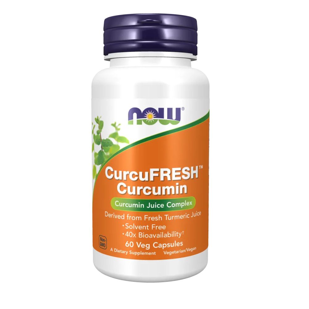 Witte fles met blauwe dop. Opschrift: NOW FOODS CurcuFRESH™ Curcumin. Bevat 60 veggie capsules.