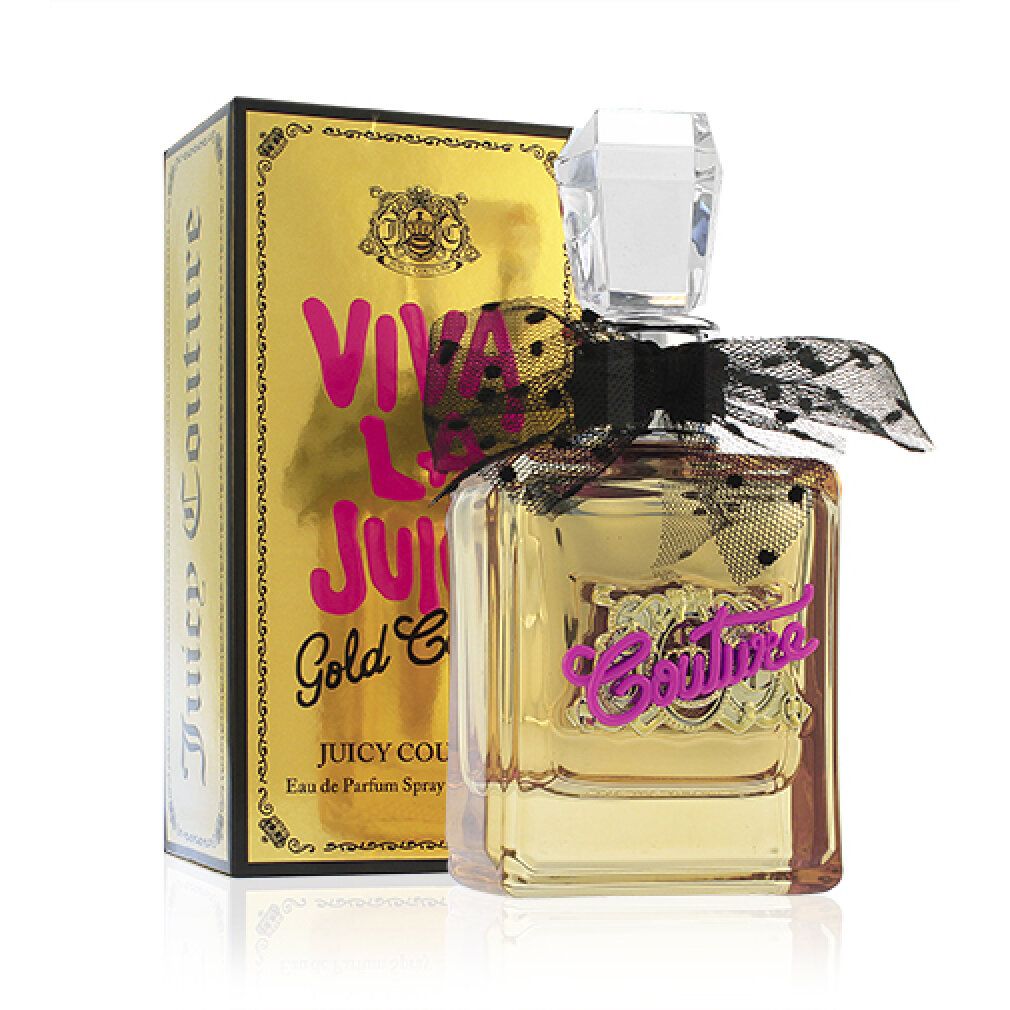 Gouden parfumfles naast de verpakking, beide met "Juicy Couture" opschrift.