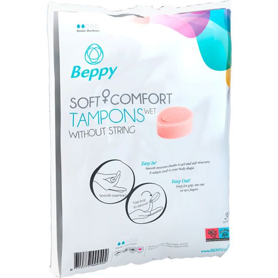 Verpakking met Beppy Soft + Comfort tampons zonder touwtje. Roze tampon afgebeeld. Tekst: Soft Comfort Tampons Wet.