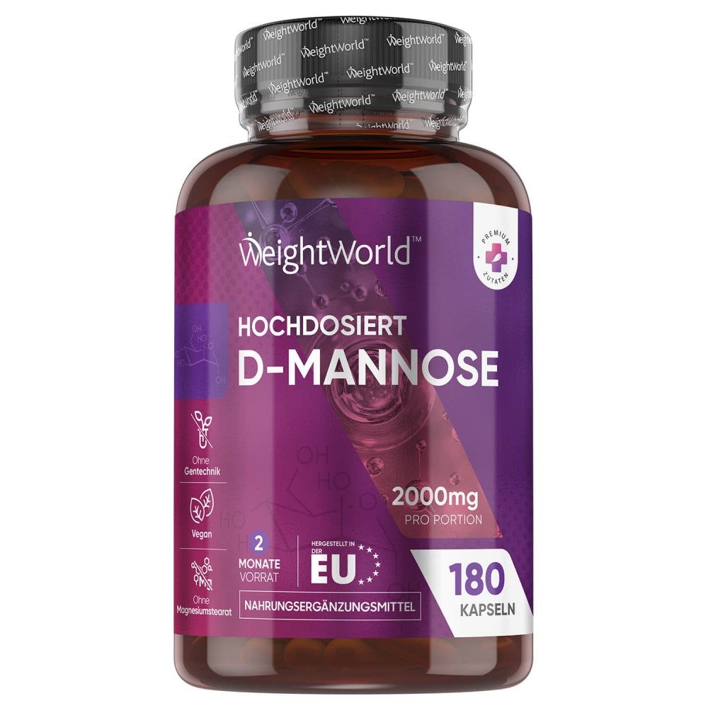 Flacon marron de gélules de D-Mannose. Texte : Haute dose, 2000mg par portion, 180 gélules. Logo : WeightWorld.
